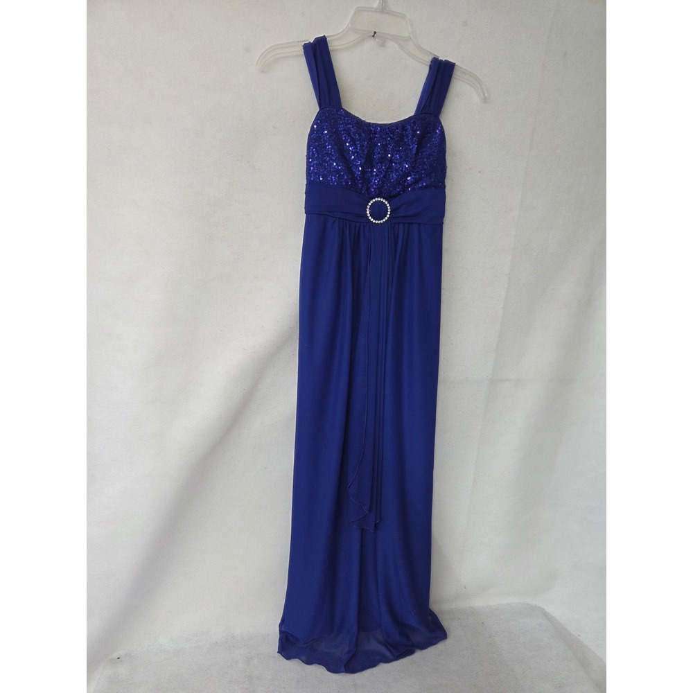 Amywear Cobalt Blue Sequin Empire Waist Formal Gown Girls 14 Rhinestone Buckle